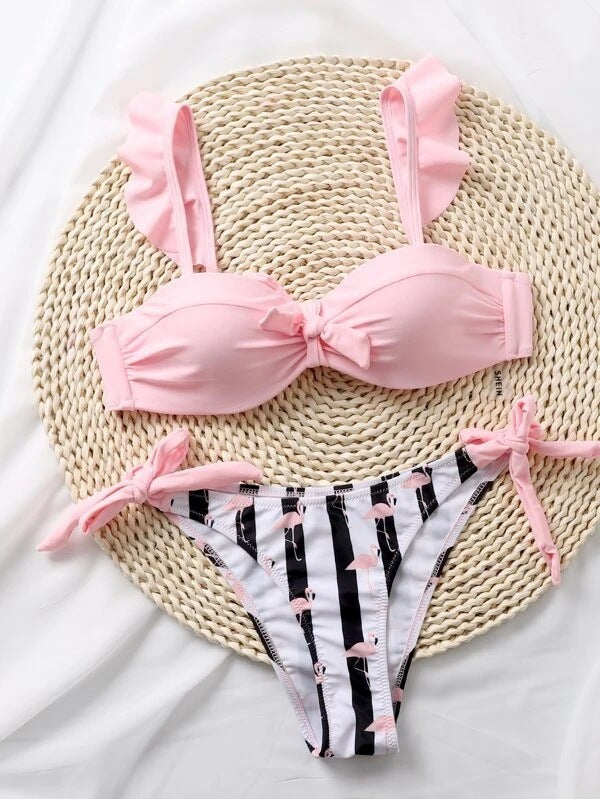 Striped Printed Women'S Bikini Sling High Waist Sexy Split Swimsuit