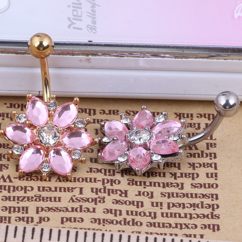 Stainless steel diamond sun flower belly button ring