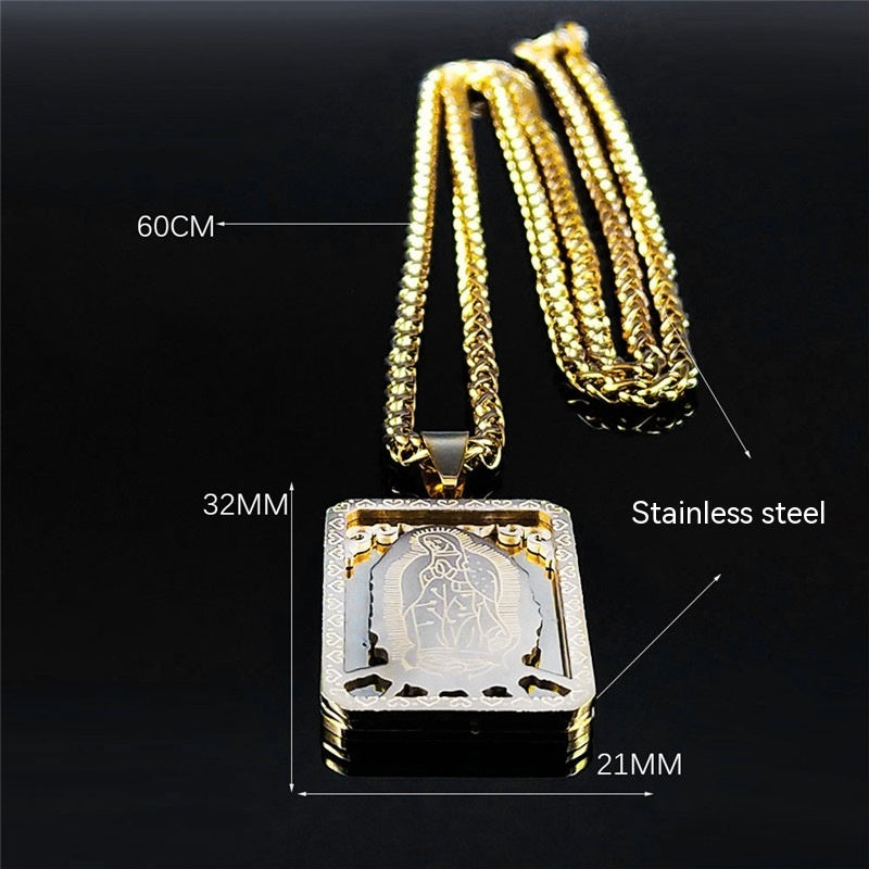 Retro Square Stainless Steel Gold Medal Necklace