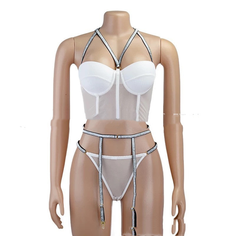 Sexy lace Flashing Diamond Three-point Bra set