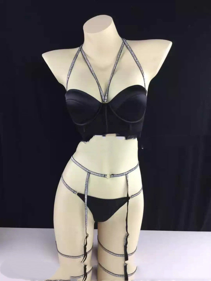 Sexy lace Flashing Diamond Three-point Bra set