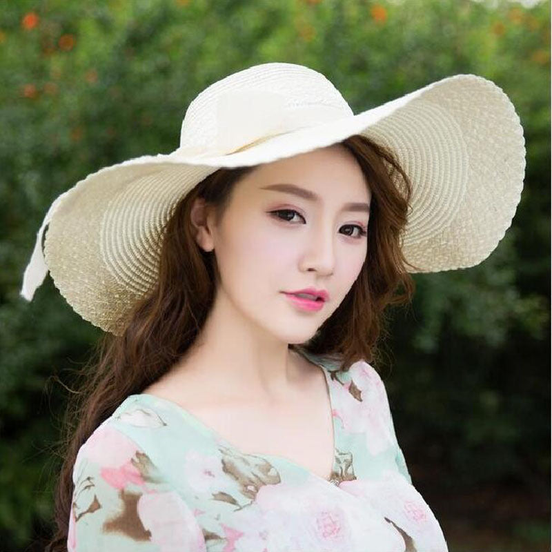 Beach Bow Sunscreen Sun Hat Solid Color Big Straw Hat Ladies