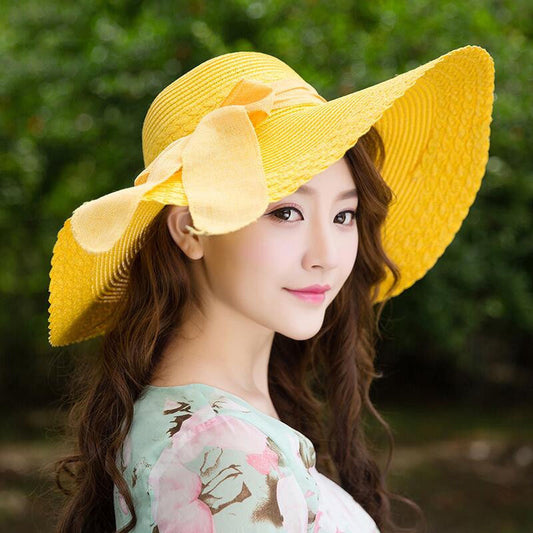 Beach Bow Sunscreen Sun Hat Solid Color Big Straw Hat Ladies