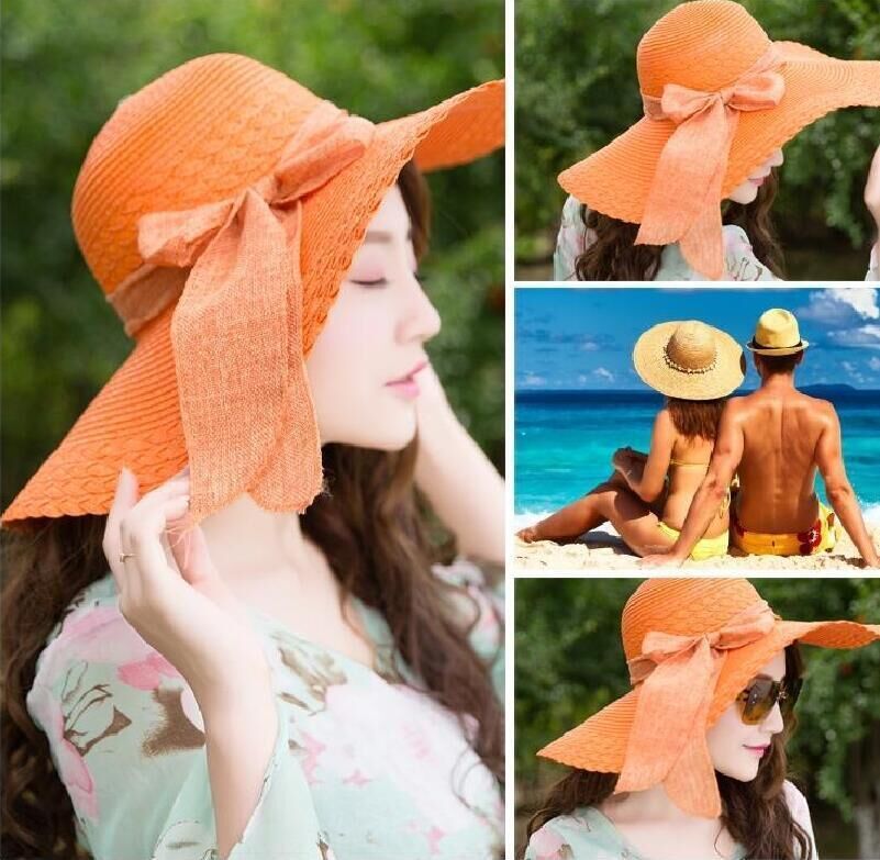 Beach Bow Sunscreen Sun Hat Solid Color Big Straw Hat Ladies