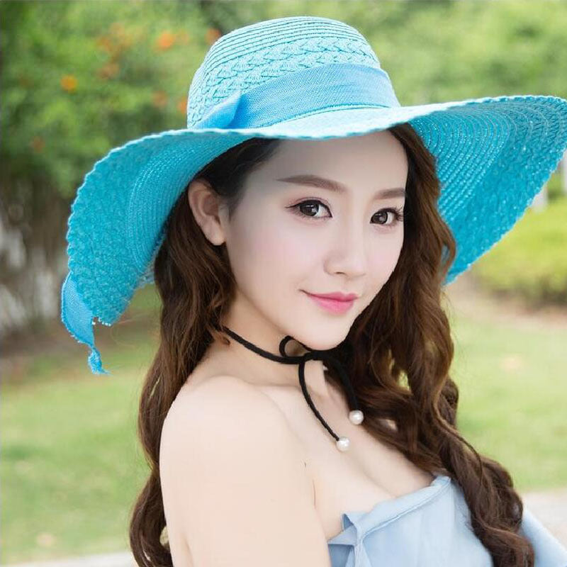 Beach Bow Sunscreen Sun Hat Solid Color Big Straw Hat Ladies