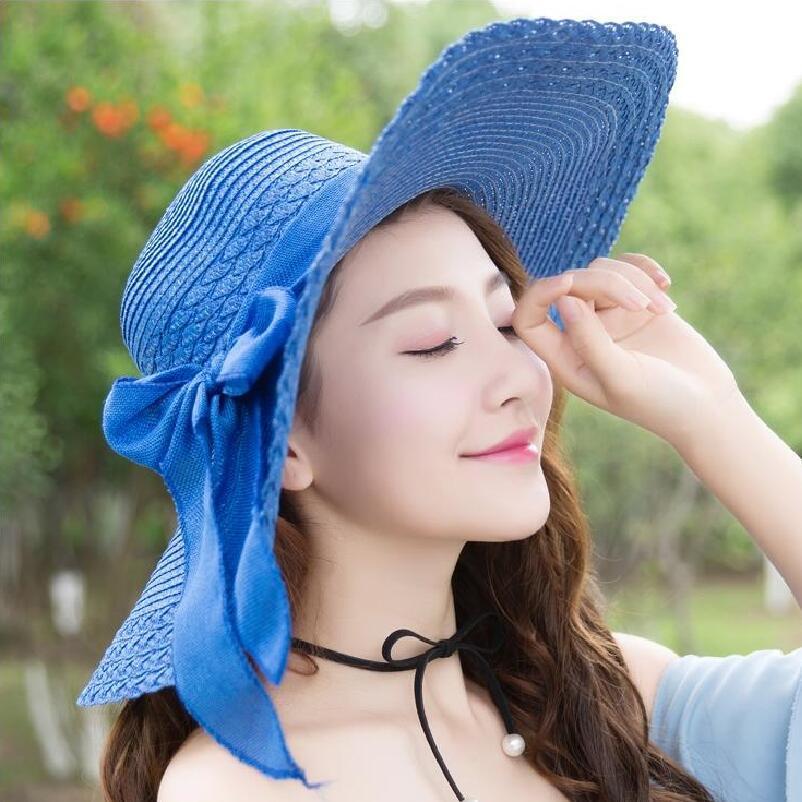 Beach Bow Sunscreen Sun Hat Solid Color Big Straw Hat Ladies
