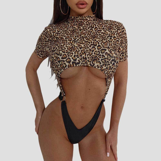 Leopard Print Color Matching Sexy Backless Siamese Bikini