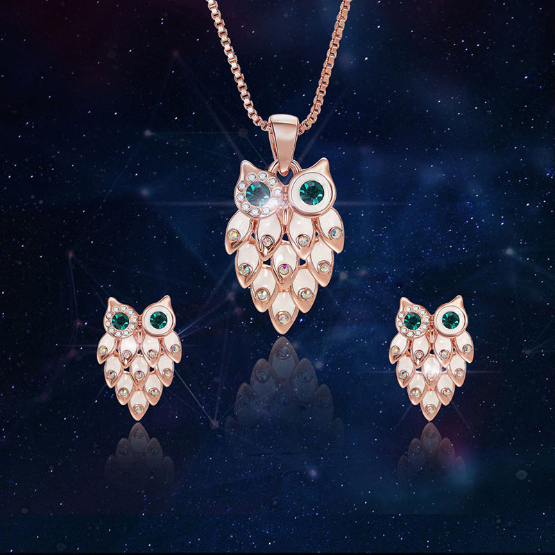 Fashion Jewelry Alloy Rhinestone Owl Necklace And Earrings Two-piece Set