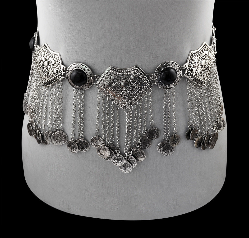 Foreign trade retro metal hanging coin jewelry belly chain fringed long waist chain