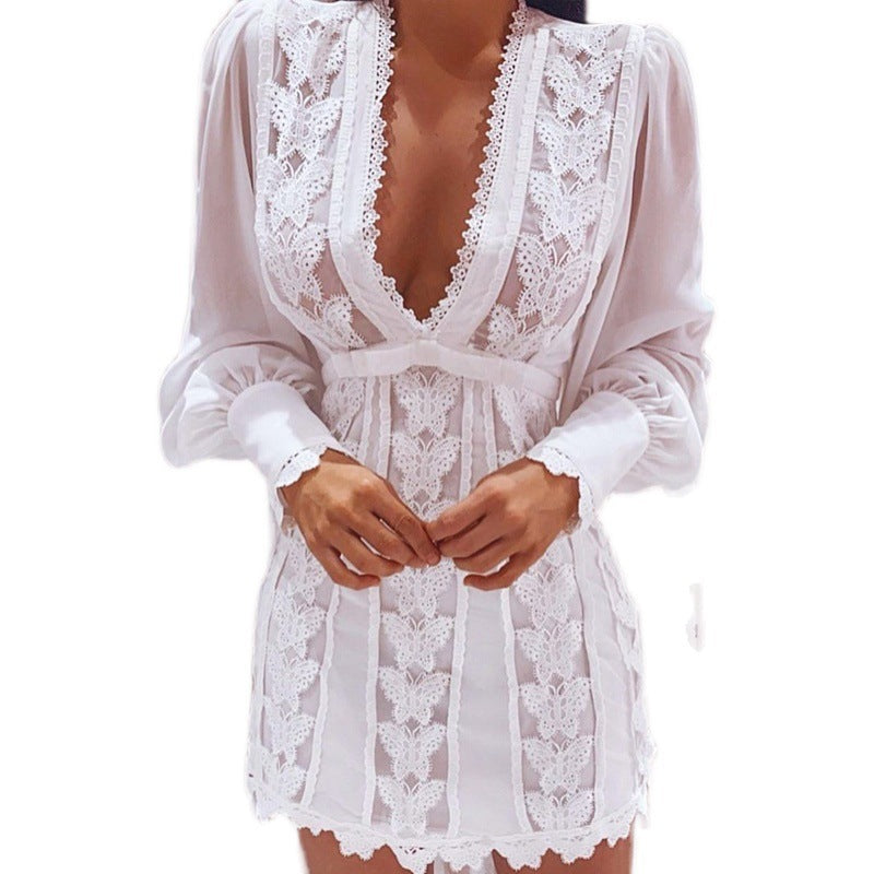 V Neck Lace Dress Long Puff Sleeve Butterfly Dress