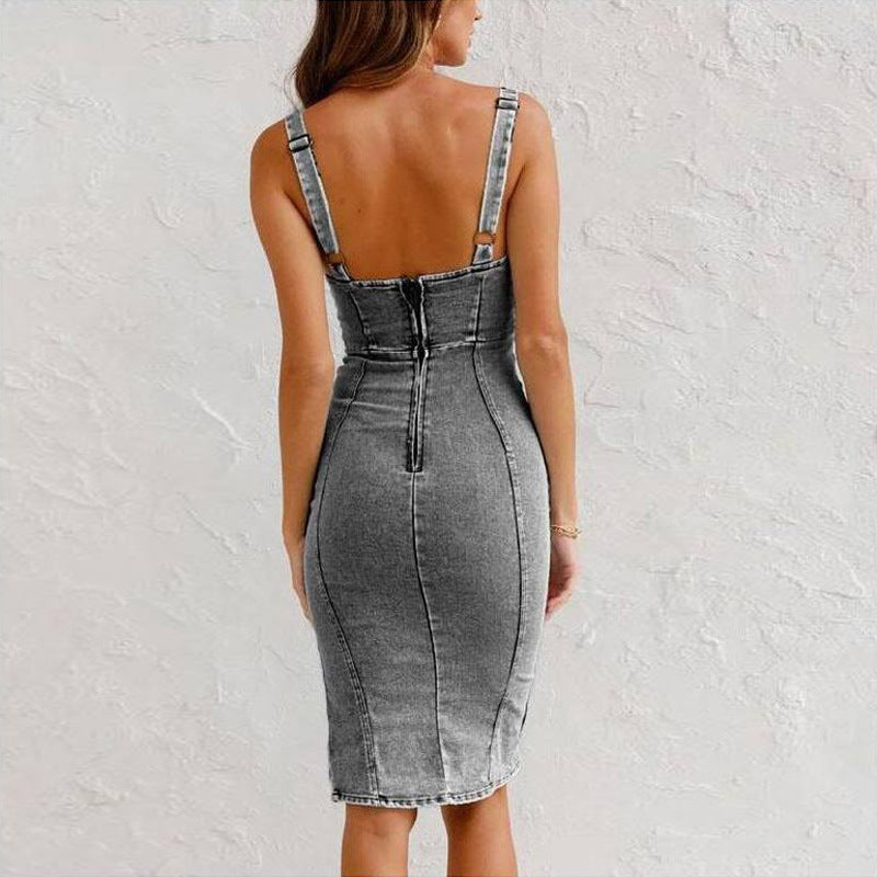 Suspender Denim Dress Casual Tight Slim Fit Dresses With Slit Design