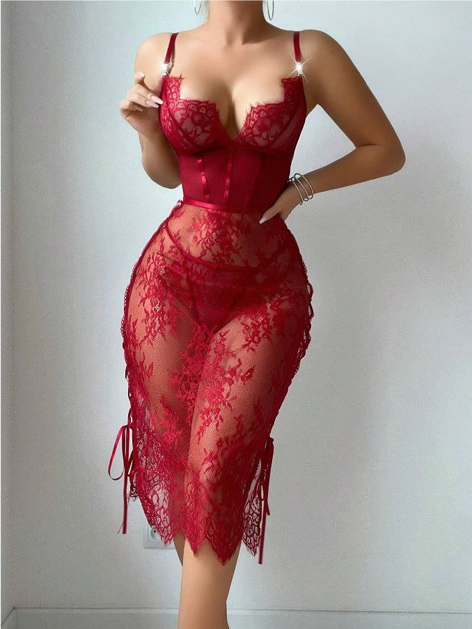 Lace Hollow Red Sexy Topless Sheath lingerie Dress