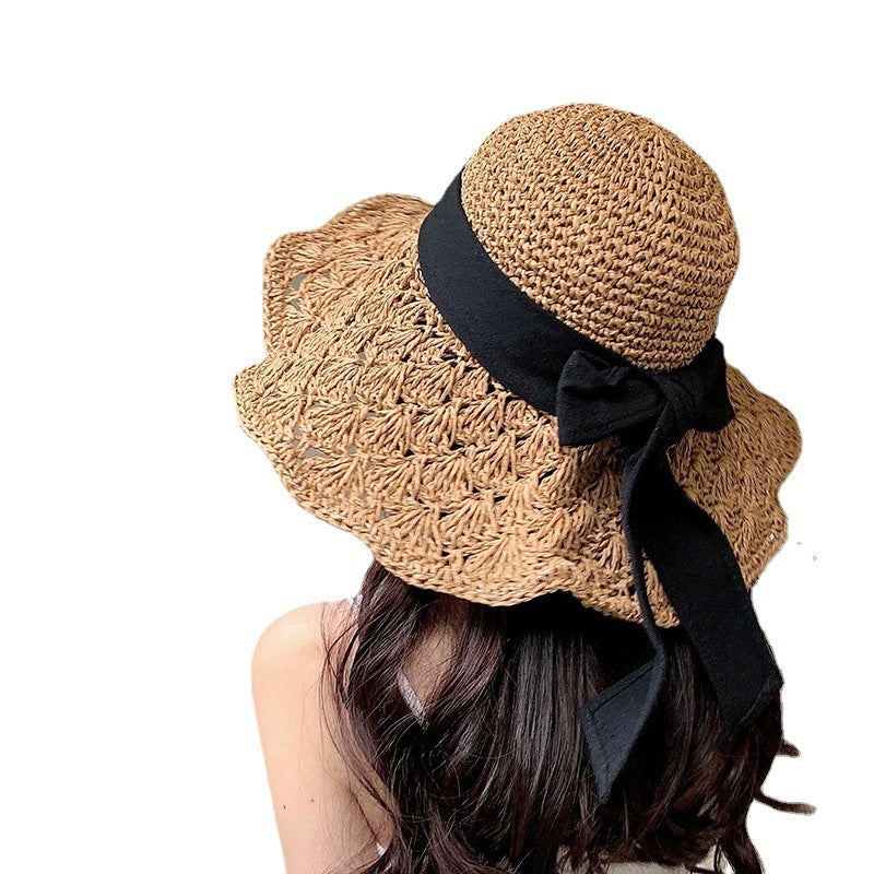 New Straw Hat Women's Summer Lace-up Beach Foldable Vacation Summer Hat