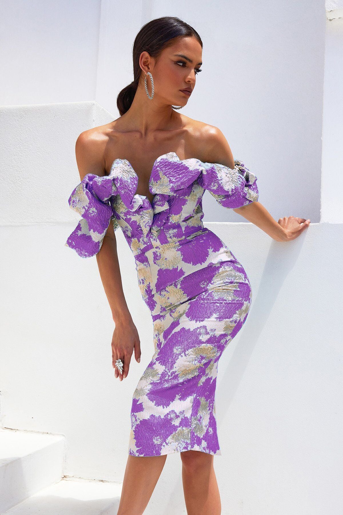 acquard Wrap Breast Midi Dress
