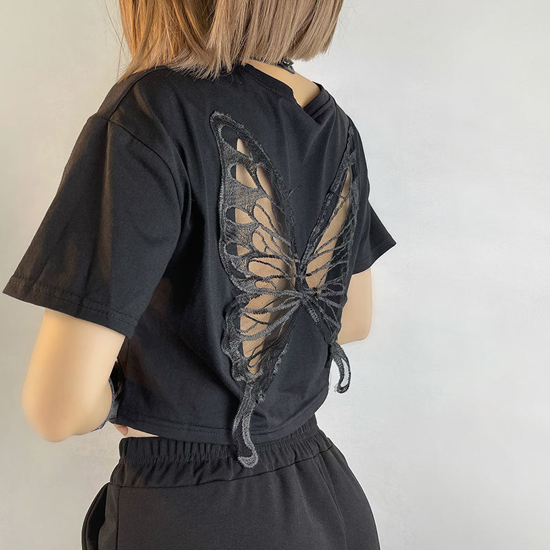 Black Lace Butterfly Belly Button Cropped T-shirt