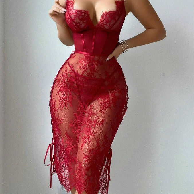 Lace Hollow Red Sexy Topless Sheath lingerie Dress