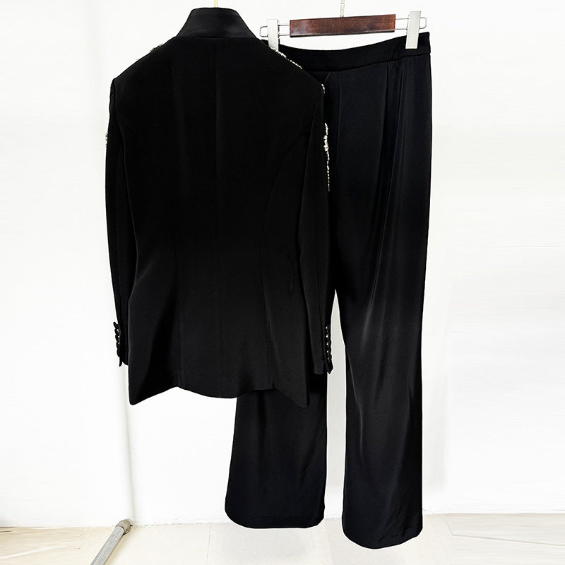 Exquisite Rhinestone Beaded Stand Collar Blazer Split Trousers Suit