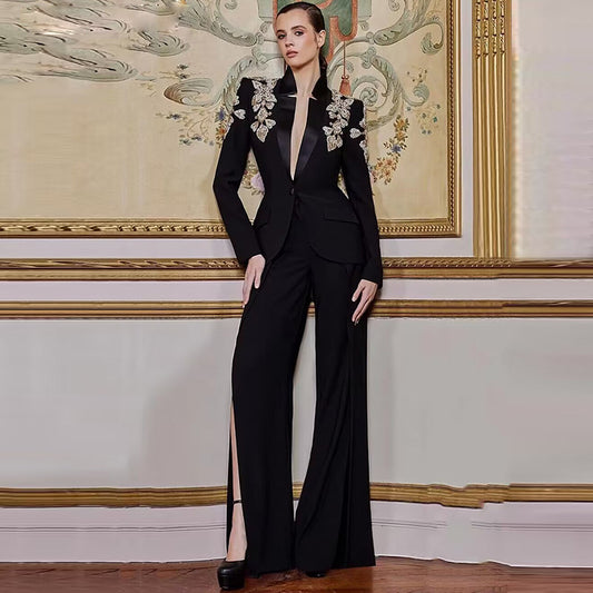 Exquisite Rhinestone Beaded Stand Collar Blazer Split Trousers Suit
