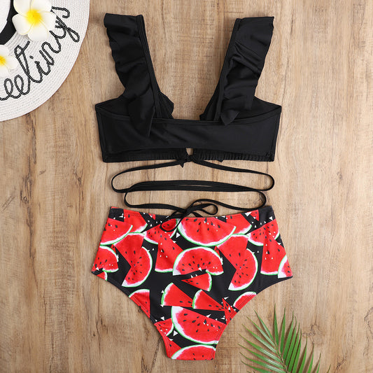 Bikini Print High Waist Split Swimsuit Lady Lotus Leaf