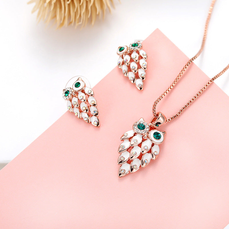 Fashion Jewelry Alloy Rhinestone Owl Necklace And Earrings Two-piece Set